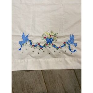Embriodered Pillow Case Blue Birds Flowers